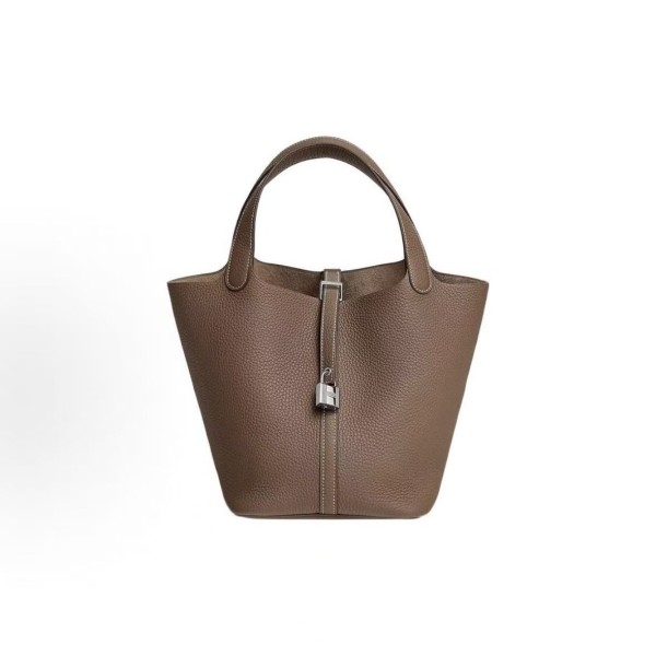 HERMES Picotin Lock 22 silver buckle basket bucket bag handbag for women, 18 Etoupe Elephant grey